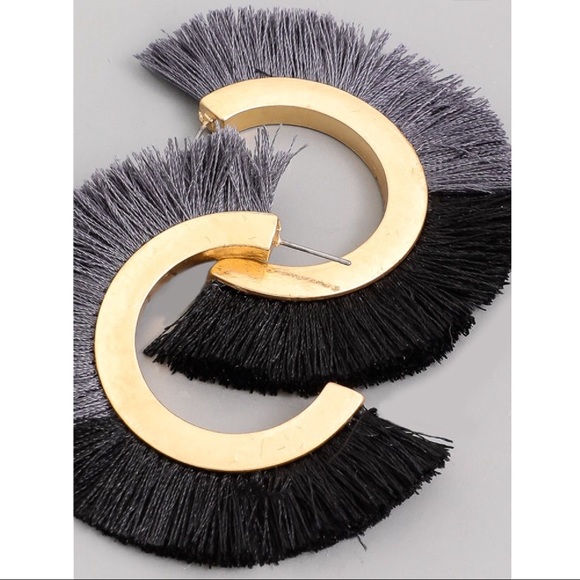 NEW! Black Charcoal Two Tone Tassel Hoop Earrings - Picture 2 of 10